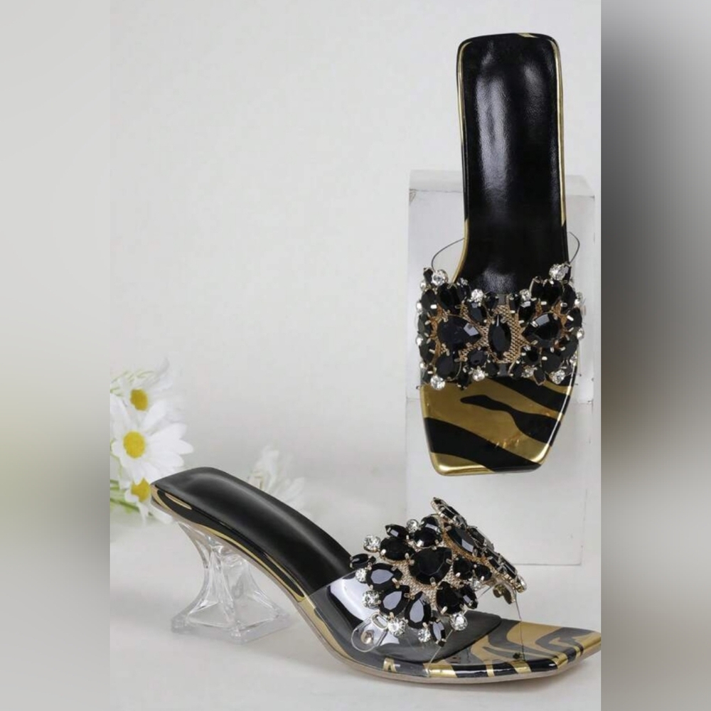 SHEIN Black and Gold Embellished Heels